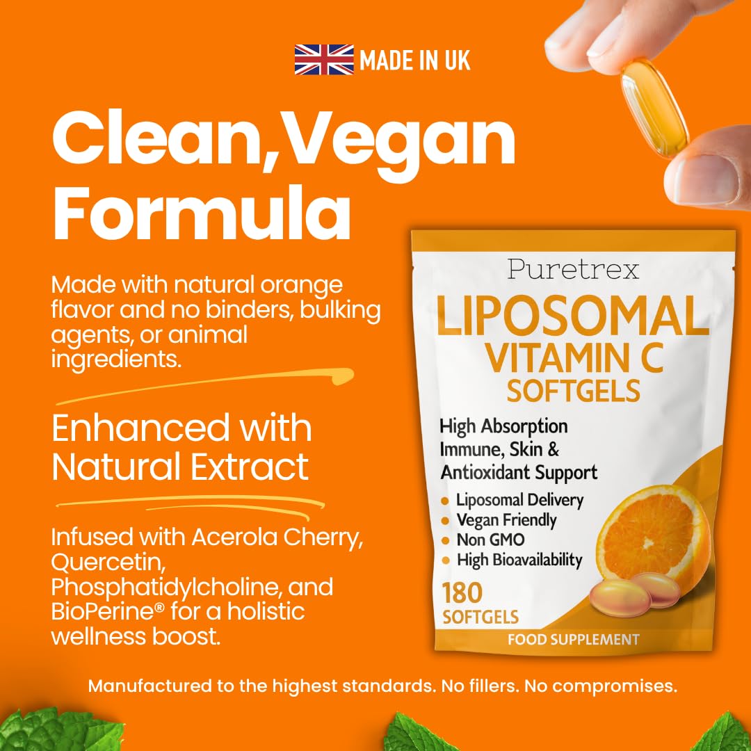 Puretrex Liposomal Vitamin C Softgels, High Absorption, Vegan, Non-GMO, 180 Count