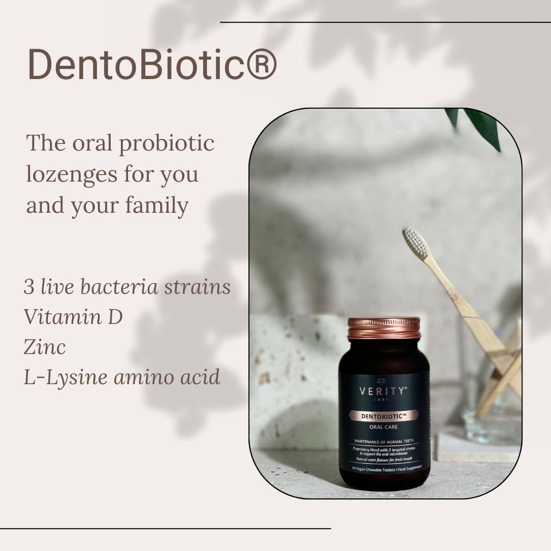 Verity Labs DENTOBIOTIC Dental Probiotics | Oral Probiotics for Adults and Children Over 5 | Gum Health | Vitamin D3, Zinc and L-Lysine | Vegan | 60 Chewable Tablets/Lozenges | Oral Hygiene