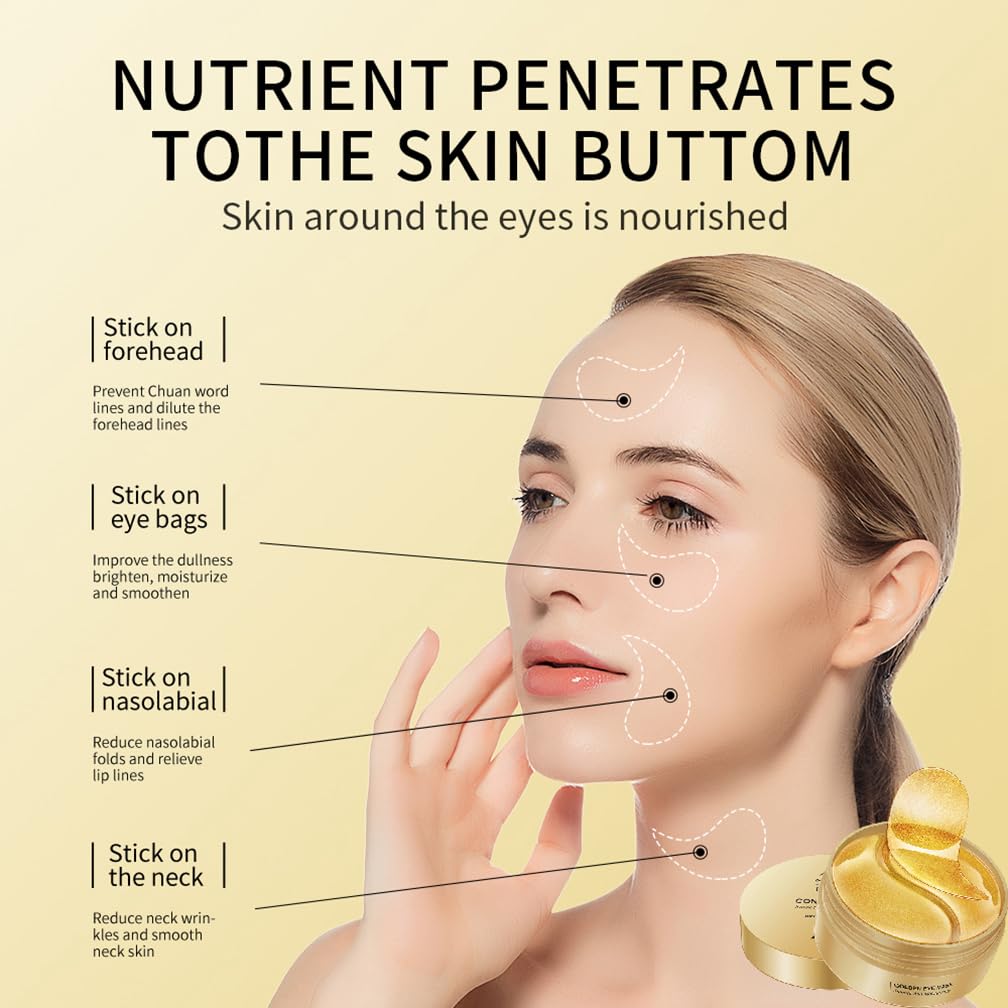 24 Gold Under Eye Masks, Gold Collagen Eye Masks for Puffy Eyes, Under Eye Gel Patches for Dark Circles, Anti Wrinkle, Skincare, Look Younger and Less Tired, Moisturize Your Skin