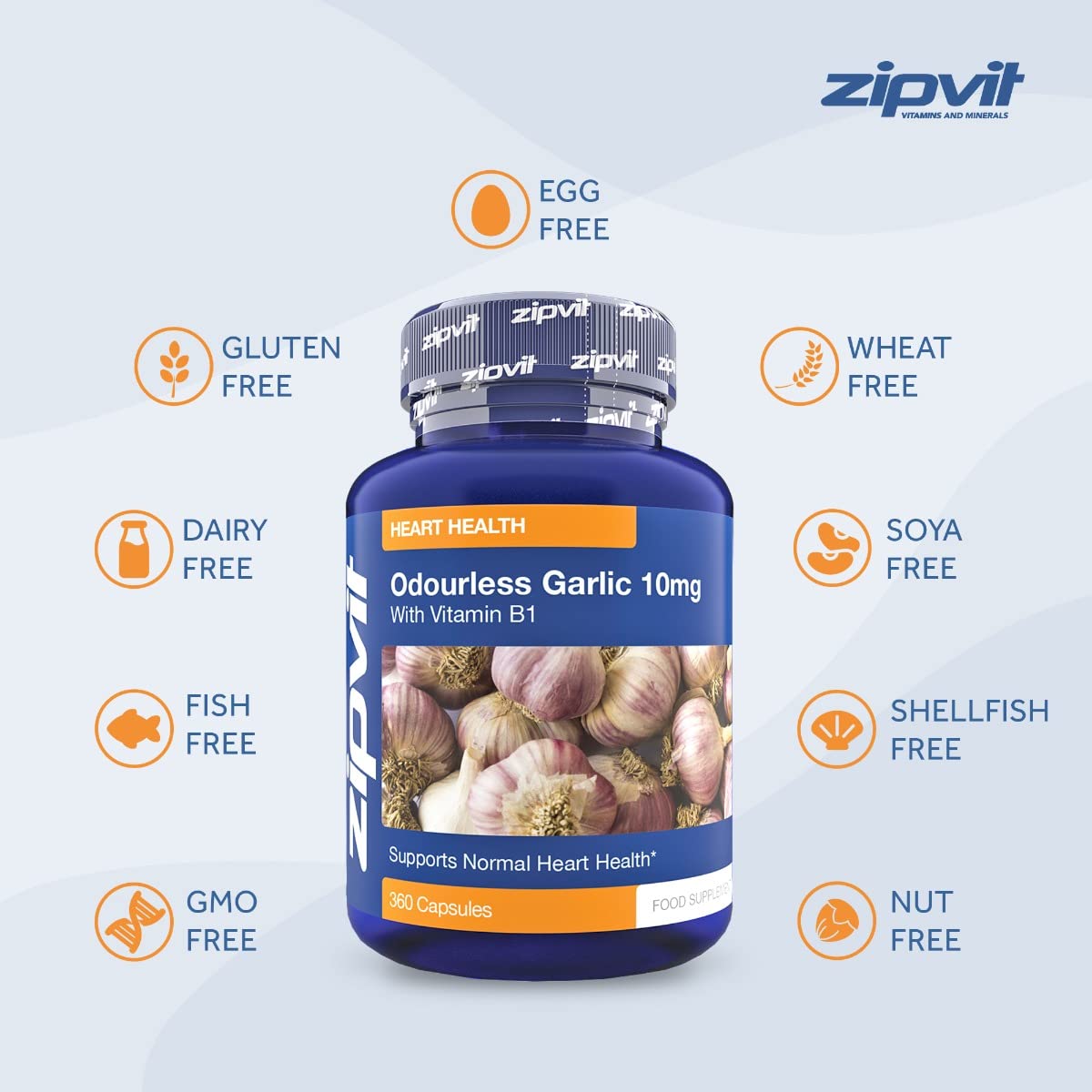 Zipvit Garlic Odourless 10mg Capsules, 360 Pack. 1 a Day Formula. Made in UK. 12 Months Supply.