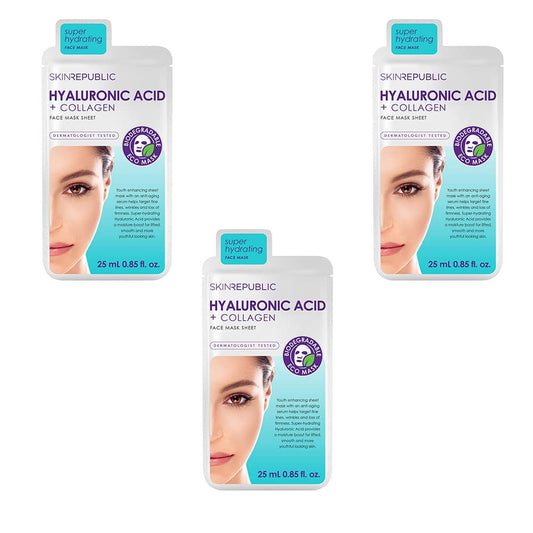 Skin Republic Hyaluronic Acid & Collagen Face Mask, For Younger Looking Skin, Helps with Fine Lines and Wrinkles, Long Lasting Hydration, 25ml TRIO
