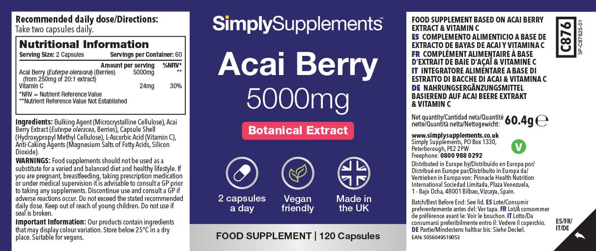 Simply Supplements Acai Berry 2,500mg Capsules | with Vitamin C | Supports Immune System & Collagen Formation | Freeze-Dried Extract | Vegan Friendly | 120 Capsules = 2-Month Supply | UK Made