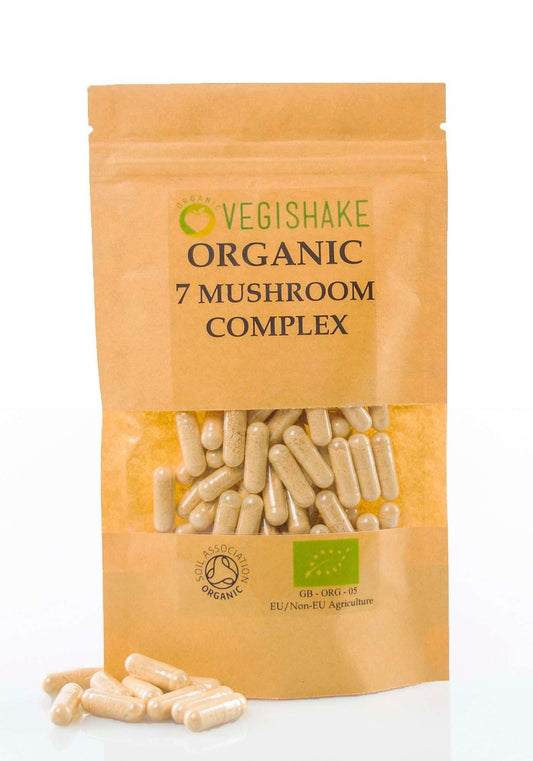 vegishake Organic 7 Mushroom 20:1 Extracts - Chaga Cordyceps T.T Shiitake Reishi Lions Mane Maitake Complex Blends (400 Capsules)