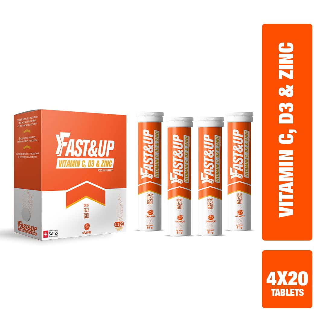 Fast&Up Vitamin C, Vitamin D & Zinc - 80 Effervescent Tablets (4 X 20) - Saver Multipack - Complete Immunity Booster - One Daily - Orange Flavour