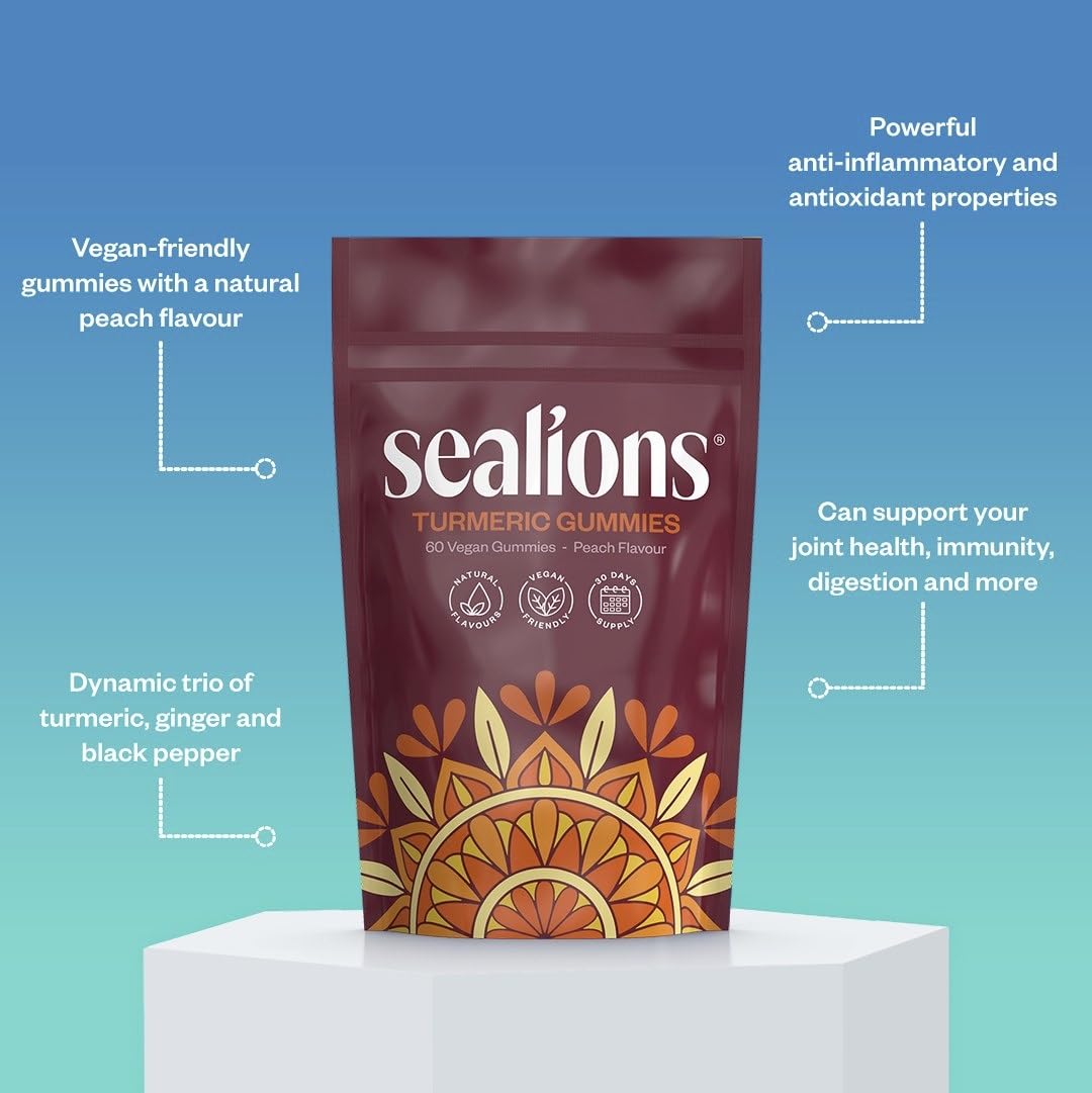 Sealions Turmeric Ginger and Black Pepper Gummies X 60 - High Strength Vegan Peach Flavour Chews - Alternative to Turmeric & Black Pepper Capsules for Men & Women
