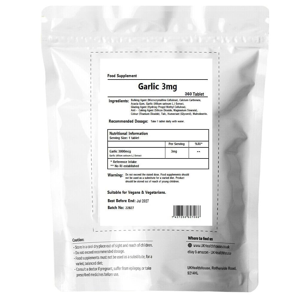 UKHealthHouse Garlic 3mg - 360 Tablets - Pure Potent Vegan High Strength 100% Natural Allicin Supplement Odourless Garlic Pearls One-a-Day Pills - UK