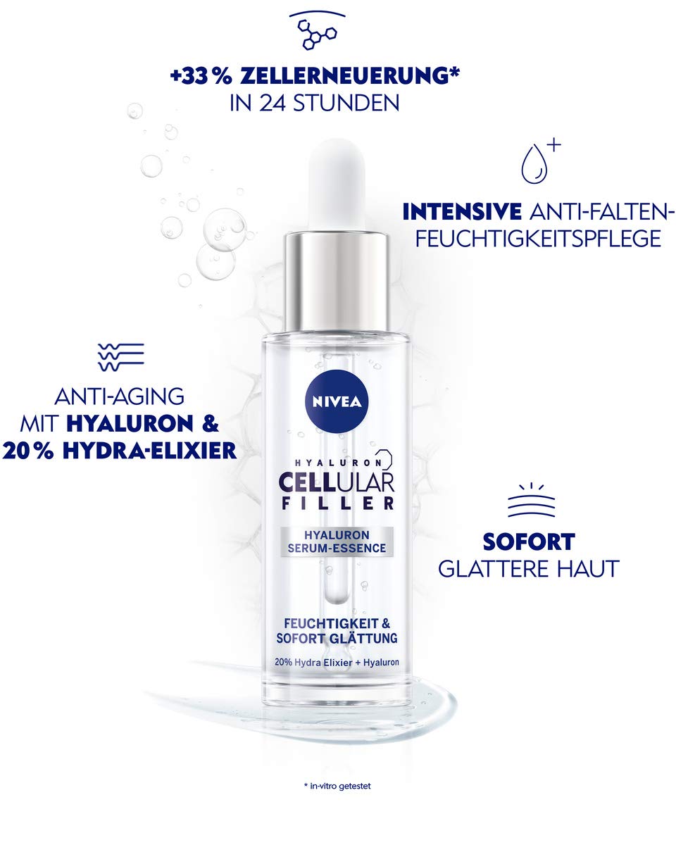 NIVEA Cellular Filler Hyaluronic Serum Essence (30 ml), Preparatory Face Serum, Moisturising, Anti-Age Hydra Elixir for Smooth Skin