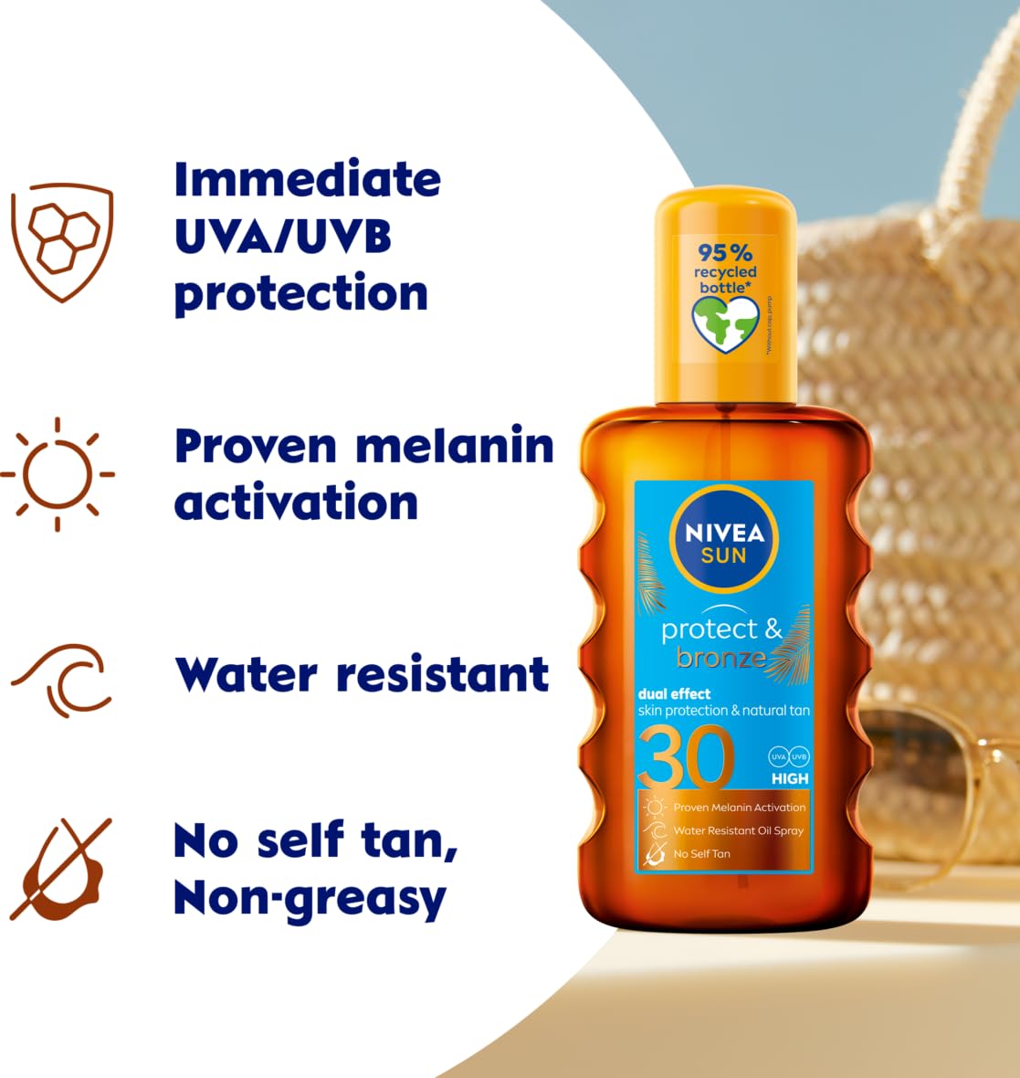 NIVEA SUN Protect & Bronze Oil Sunscreen Spray SPF 30 (200 ml), Sun Spray Provides Immediate UVA/UVB Protection and Stimulates the Skin's Natural Tanning with Pro-Melanin Extract, Water-Resistant