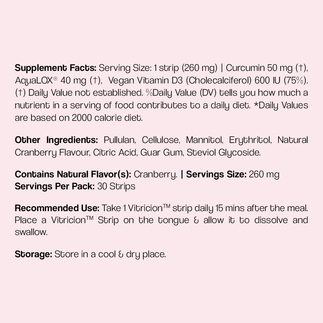 Vitricion Joint Support Oral Strips for Men & Women - 90 Fast-Absorbing Strips, Curcumin, Vitamin D3 + AquaLOX | Joint Flexibility, Mobility & Reduce Inflammation | Cranberry Flavour