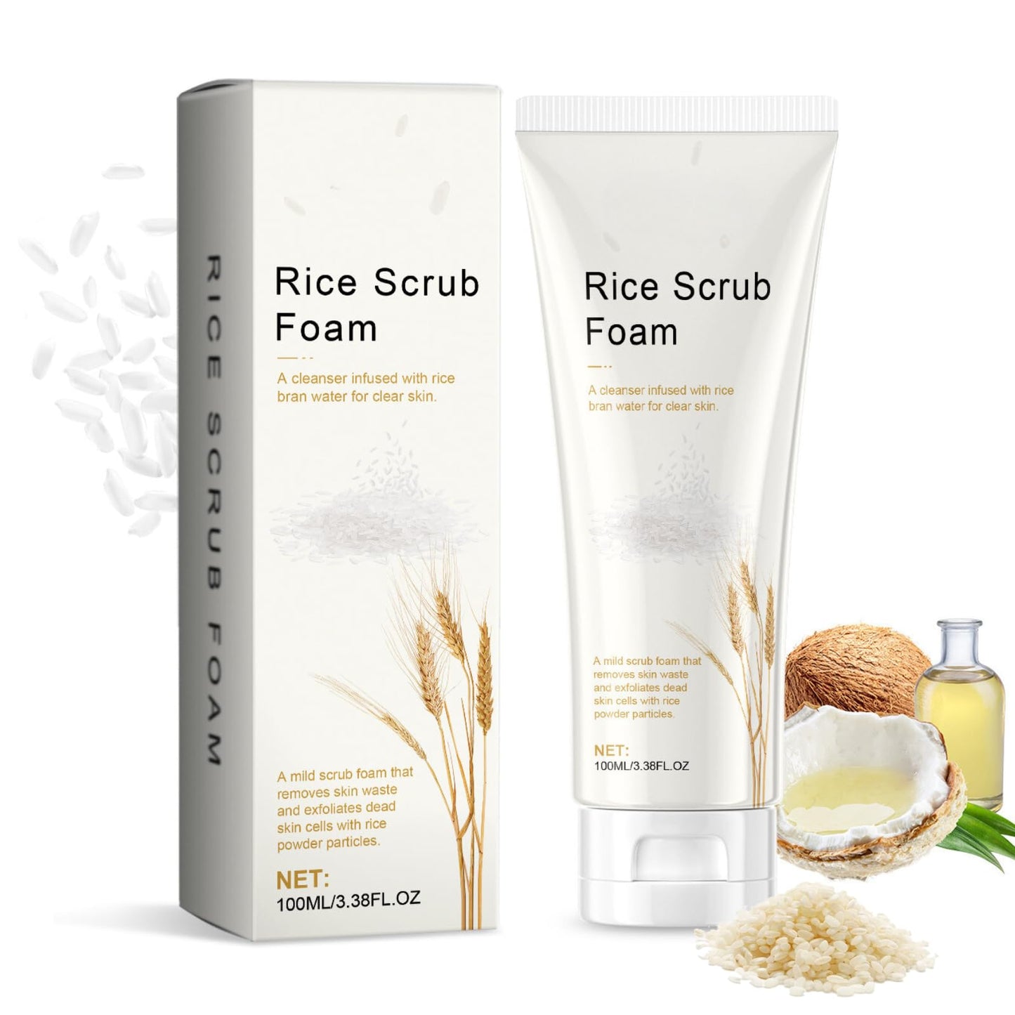 IZBEAUVO Rice Foam Facial Wash, Gentle Rice Milk Exfoliating Cleanser, Exfoliating Rice Milk Face Wash, Rice Scrub Facial Cleanser for Deep Pore Cleansing, Removes Dirt & Impurities, Fights Acne & Redness