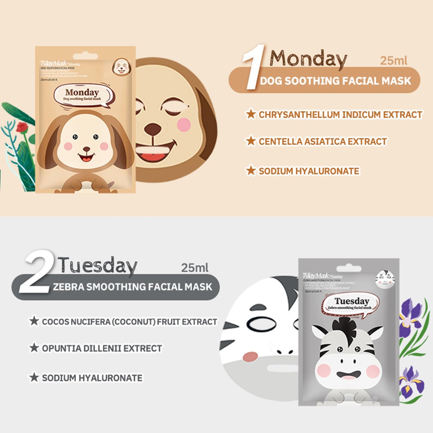 DMQ Sheet Face Masks Set, 7Pcs Face Masks Skincare, Fun Animal Printed Sheet Facial Masks, Face Mask Gift Sets for Teenage Girls Hydrating, Brightening, Soothing, Face Masks Beauty for All Skin Types