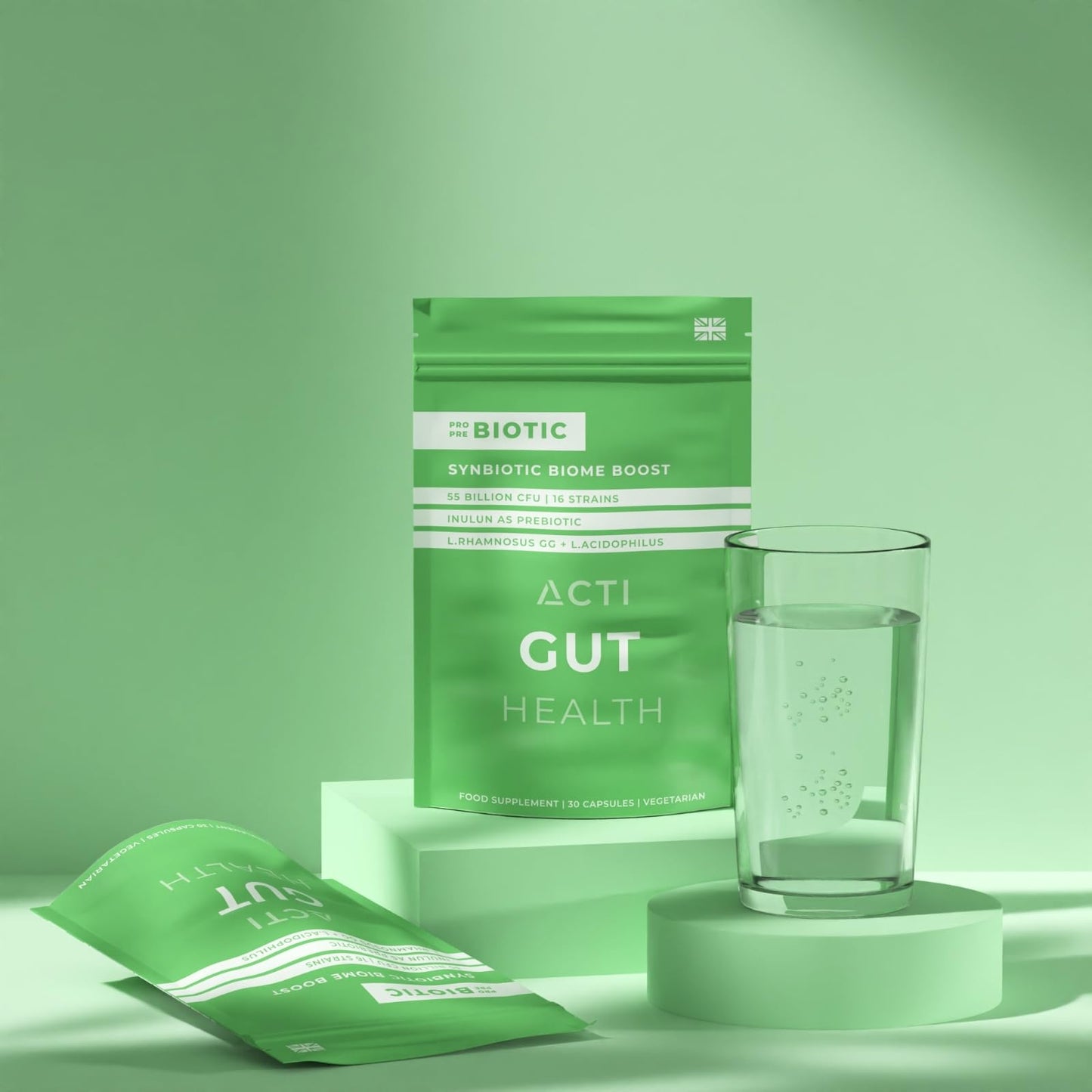 ActiHealth ActiGut Probiotics & Prebiotic for Adults | Bio Culture Complex | 55 Billion CFU | Digestive System | Intestinal Flora | Leaky gut | 30 Caps | Gut Health | Advanced Multi 16 Strains | UK Manufactured