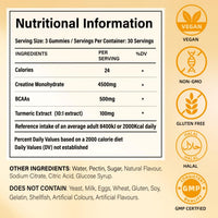 Creatine Monohydrate Gummies, Added 500mg BCAAs and Turmeric Exctract, 4500mg per Serving, Pre-Workout Gym Supplement for Men and Women (1 Month Supply), Mango Twist