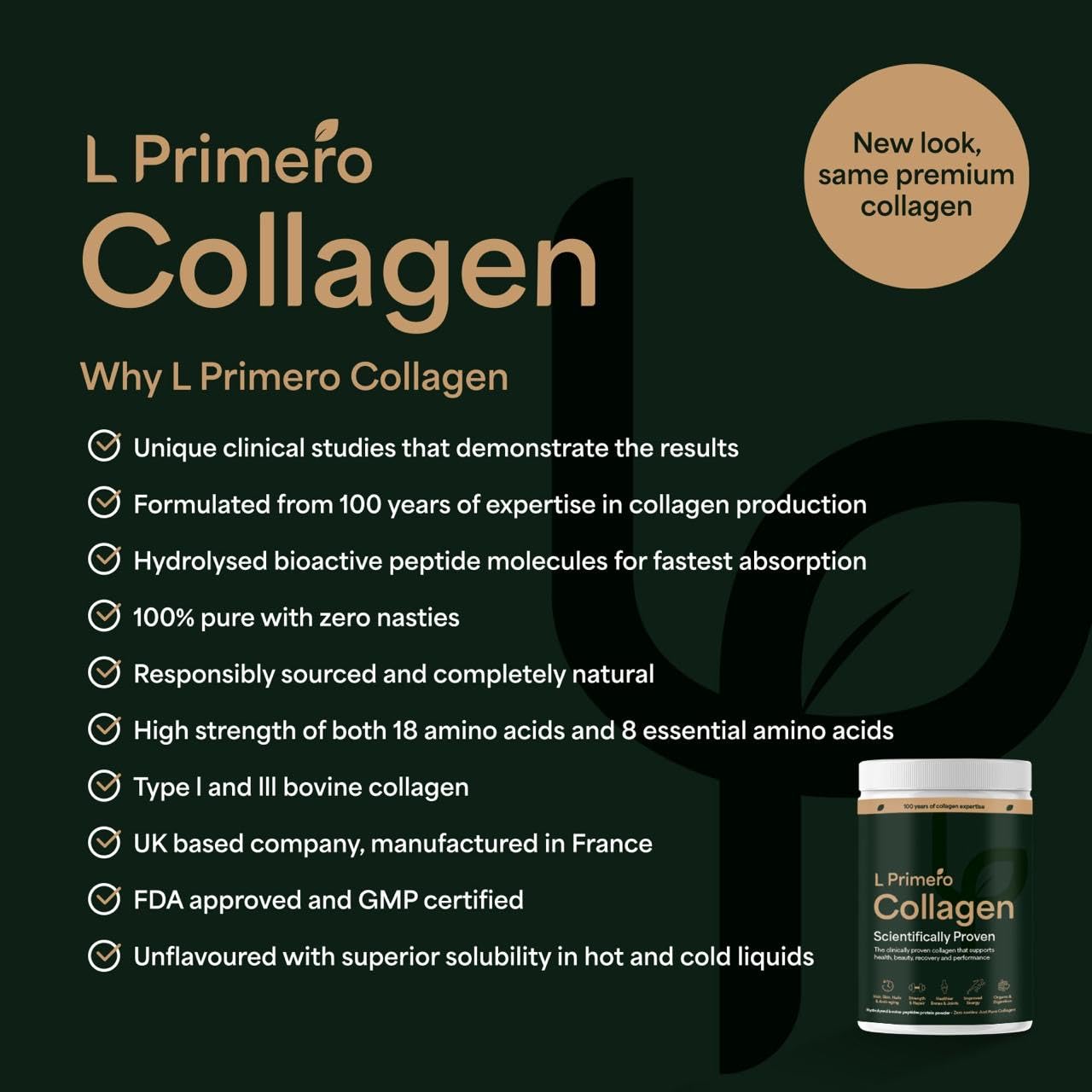 L Primero Collagen Peptides Powder 400g, Hydrolysed Unflavoured, Grass-Fed Bovine Bioactive Protein, Highly absorbable 18 Amino Acids, Keto