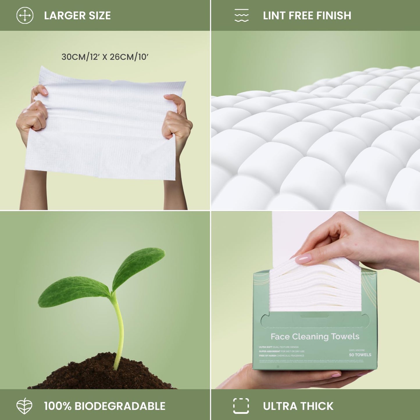 PLANTIFIQUE Disposable Face Towels XL 25x30cm, Makeup Remover Wipe, 50 Pack