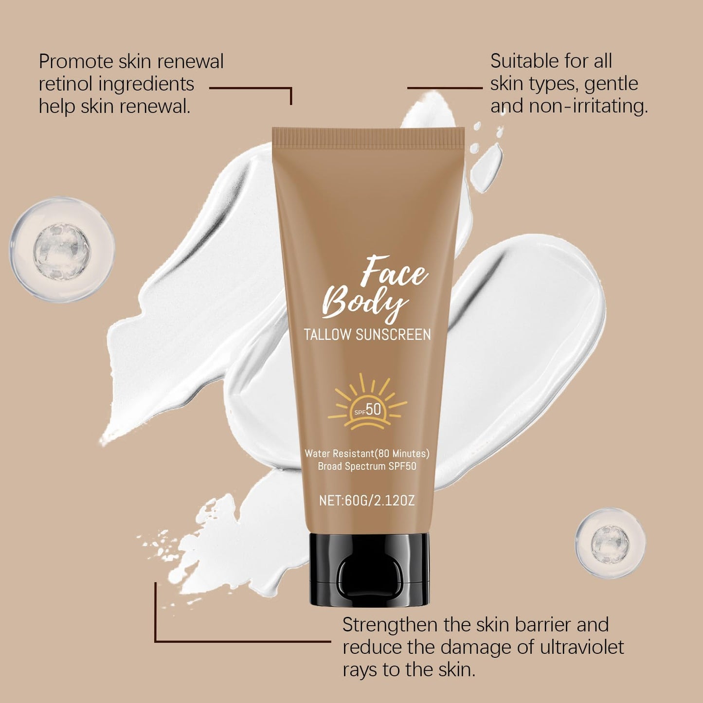 Tongyend Tallow Sunscreen SPF50+ Face & Body Sun Cream | Broad Spectrum UVA/UVB Protection | Face Sun Cream SPF 50 | Natural Tallow & Shea Butter | Non-Greasy + Lightweight | 60g Travel-Friendly