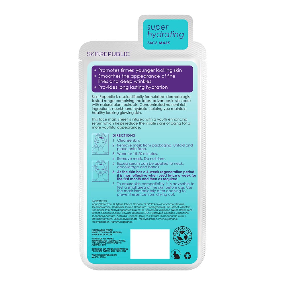 Skin Republic Hyaluronic Acid + Collagen Sheet Mask Clinically Proven to Provide 48-Hours of Long-Lasting Hydration. Made in Korea.