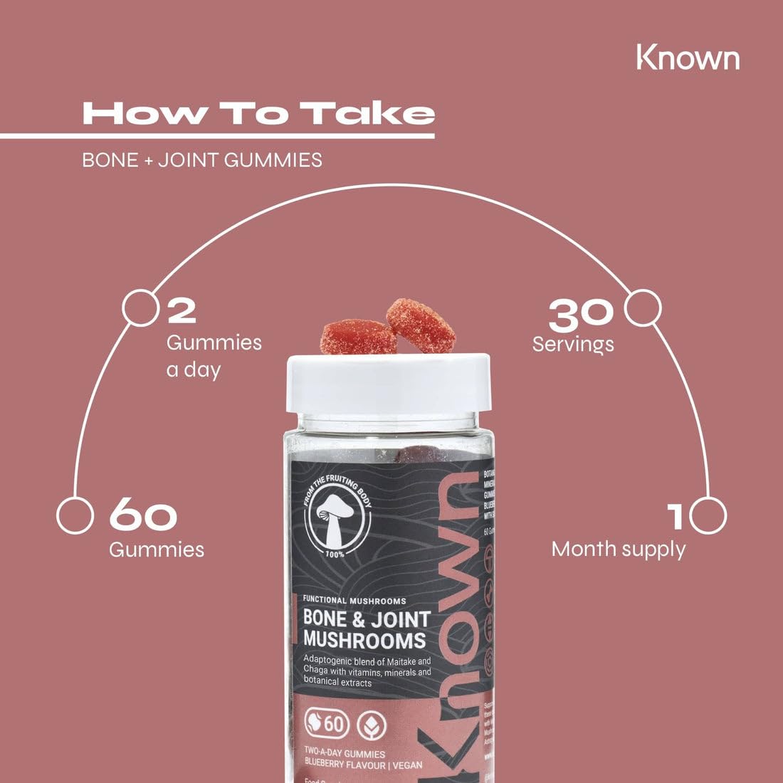 Known Bone & Joint Support Mushrooms Gummies with Maitake, Chaga, Vitamin D3 & K2 | Delicious Natural Blueberry Flavour | 60 Two-a-Day Vegan Gummies (One Month’s Supply)