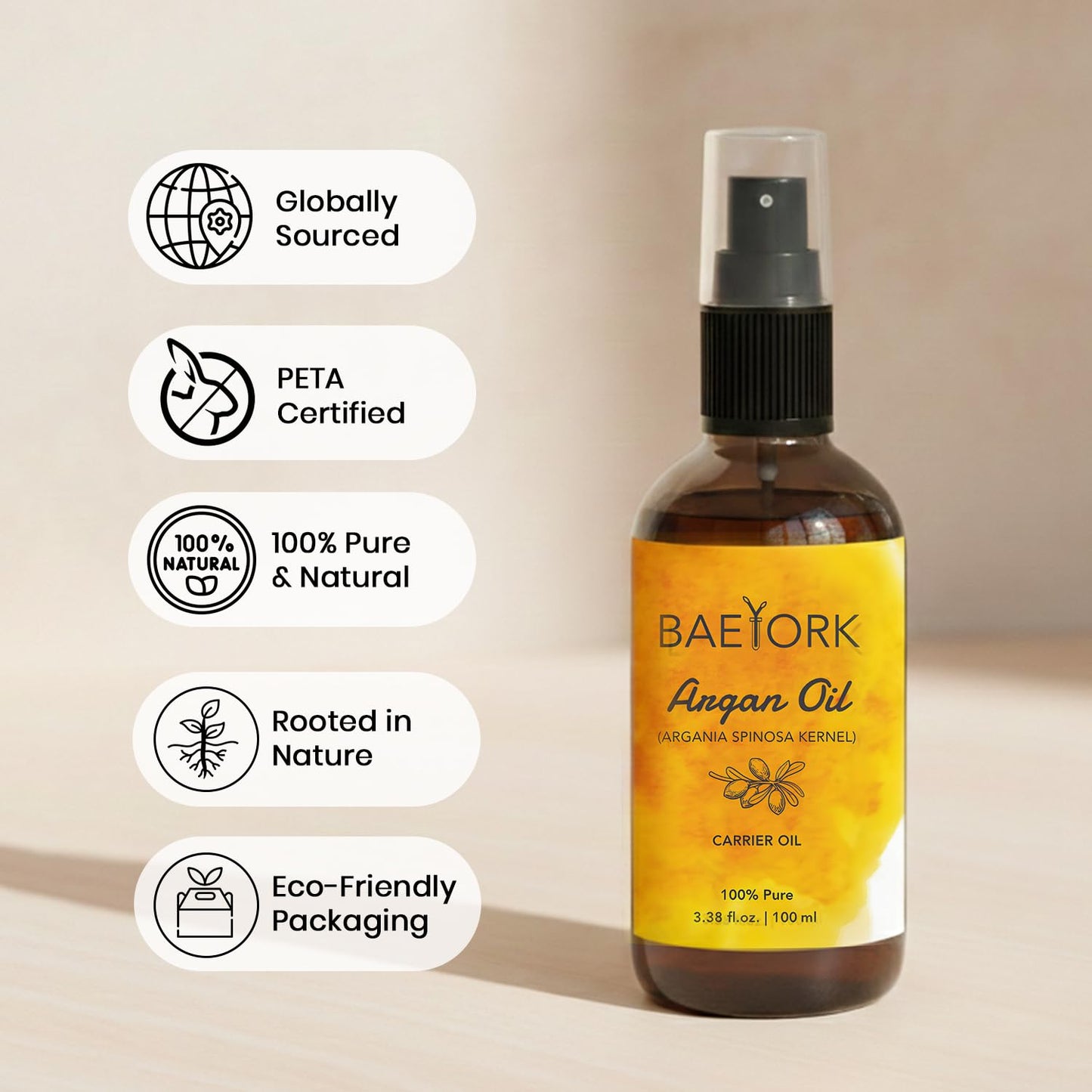 BAEYORK Baeyork 100% Moroccan Pure Natural Argan Oil for Face & Body 100ml (3.4 fl. oz) – Rich in Vitamin E for Healthy Skin, Hair & Nails.