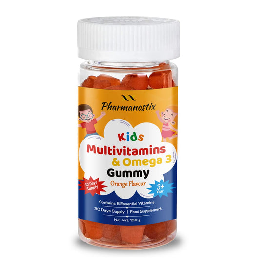 Pharmanostix Chewable Multivitamin & Omega3 Bear Gummies for Kids - Children's Orange Flavour - Age 3 Upward- Omega 3 Supplement, with Vitamin C, A, B, D & Vitamin E. (60 Gummies)