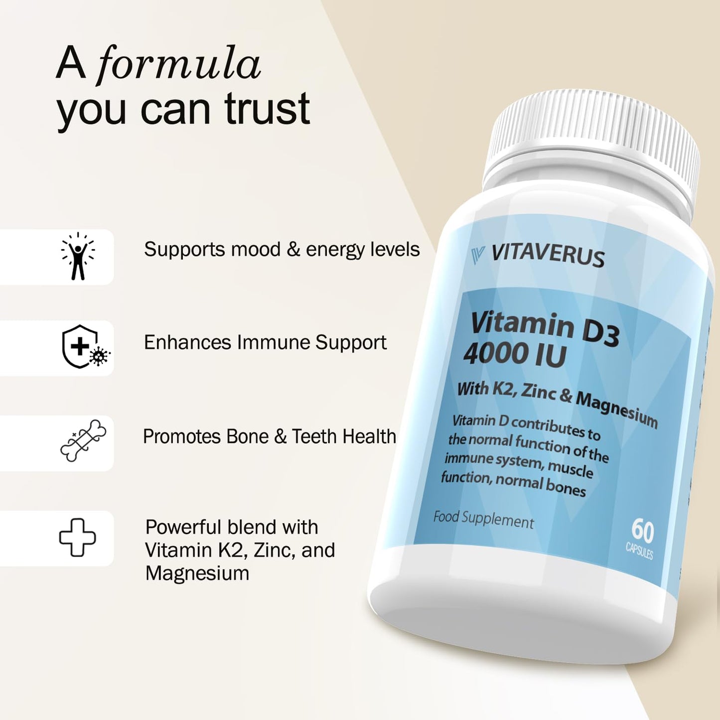 VITAVERUS Vitamin D3 4000 IU Supplement, with K2, Zinc & Magnesium, Made in UK, 60 Capsules