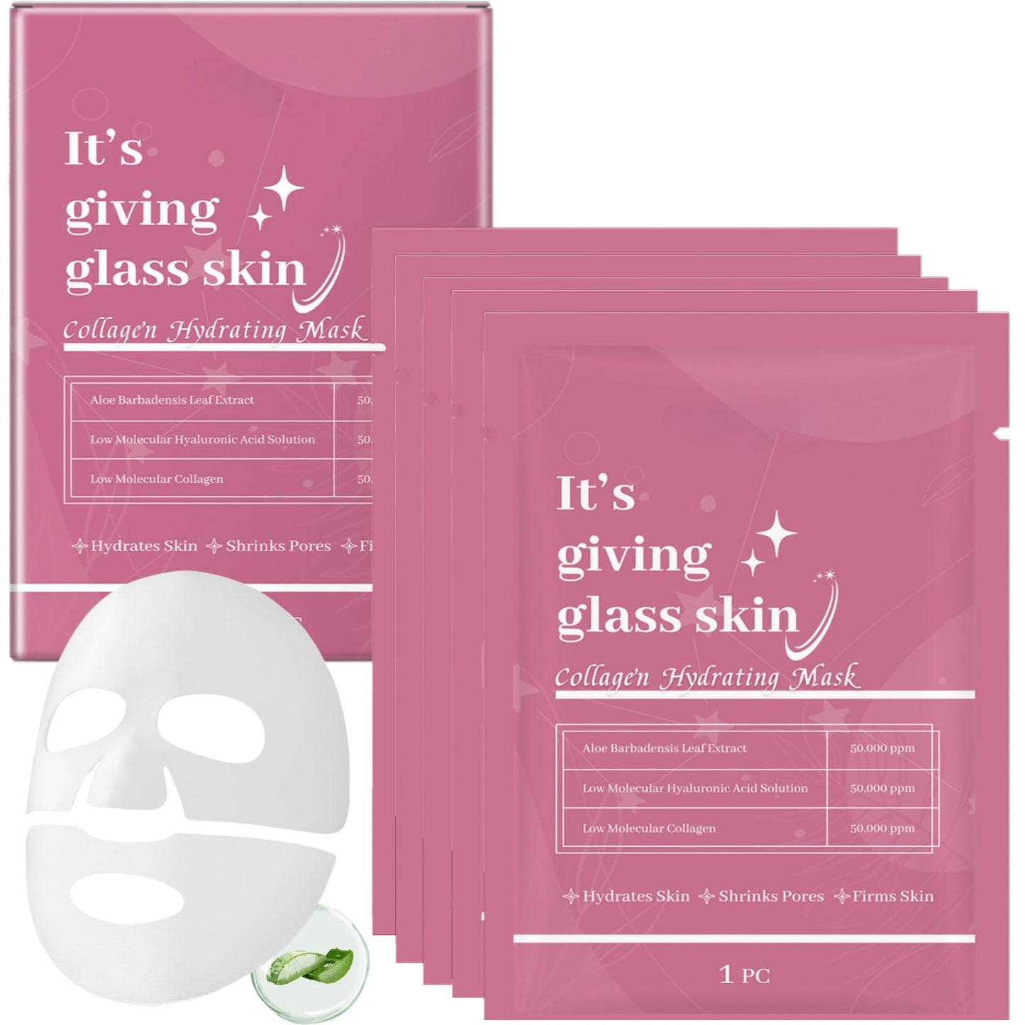 5PCS Glass Skin Collagen Mask - Deep Hydration Face Mask - Korean Skincare Face Masks for Firming & Moisturising - Collagen Face Mask Overnight, Reduce Fine Lines & Wrinkles, Firming