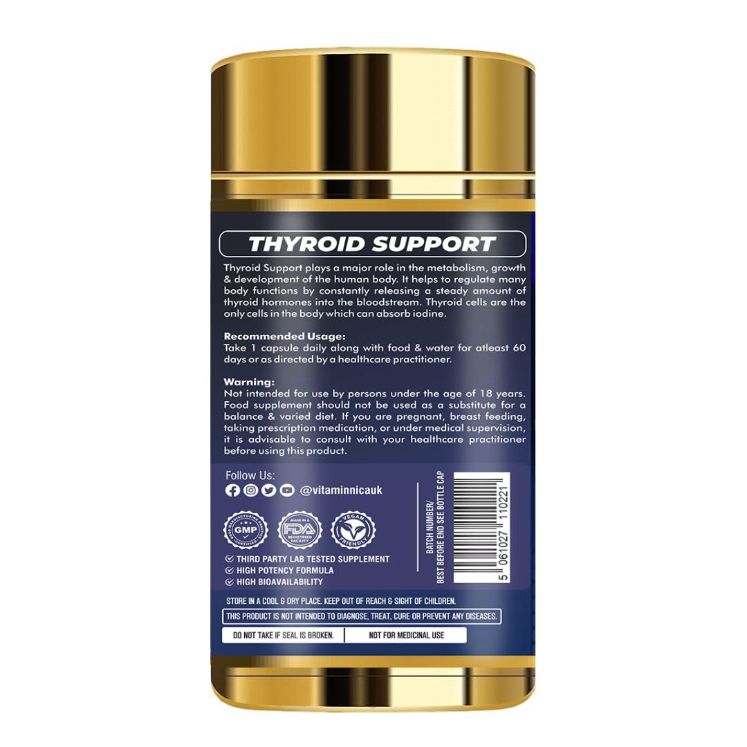 Vitaminnica Because your Health Matters Vitaminnica Thyroid Support- Advanced Formula for Thyroid Health - Energy & Focus Formula with Iodine, Vitamin D3 Complex, Zinc, Selenium, Ashwagandha, Copper | Vegan | 60 Capsules