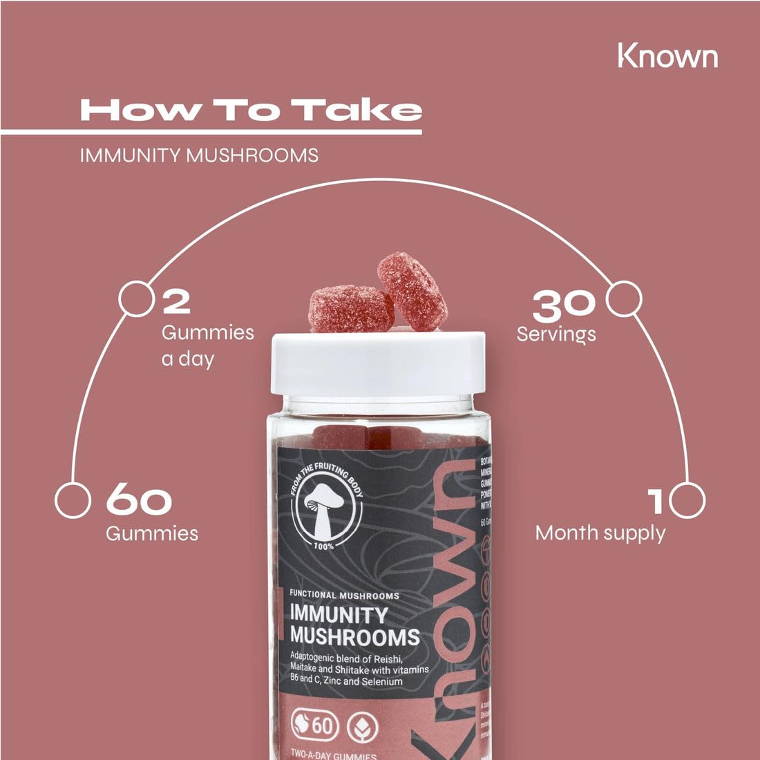 Immunity Support Mushroom Gummies with Reishi, Shiitake & Maitake by Known | Delicious Natural Pomegranate Flavour | 60 Two-a-Day Gummies (One Month’s Supply)