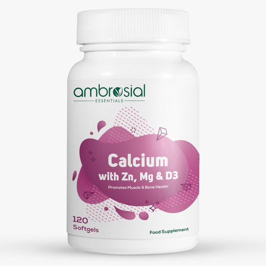 AMBROSIAL Ambrosial Calcium Magnesium Zinc & Vitamin D3| High Potency Calcium Supplement for Healthy Bones, Muscles & Teeth |Highly Bioavailable Calcium Citrate Formula Calcium Tablets (Pack of 1-120 Softgels)
