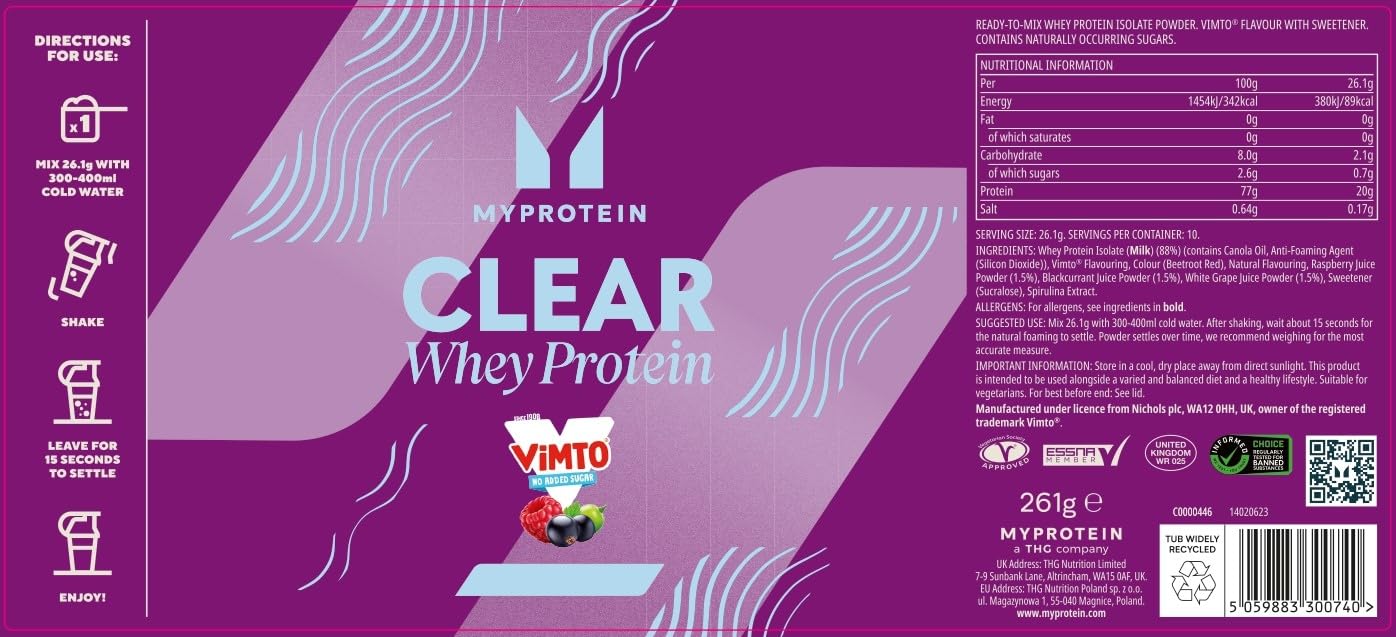 Myprotein Clear Whey Isolate Protein Powder, Vimto Flavour, 10 Servings, 20g of Protein per Serving