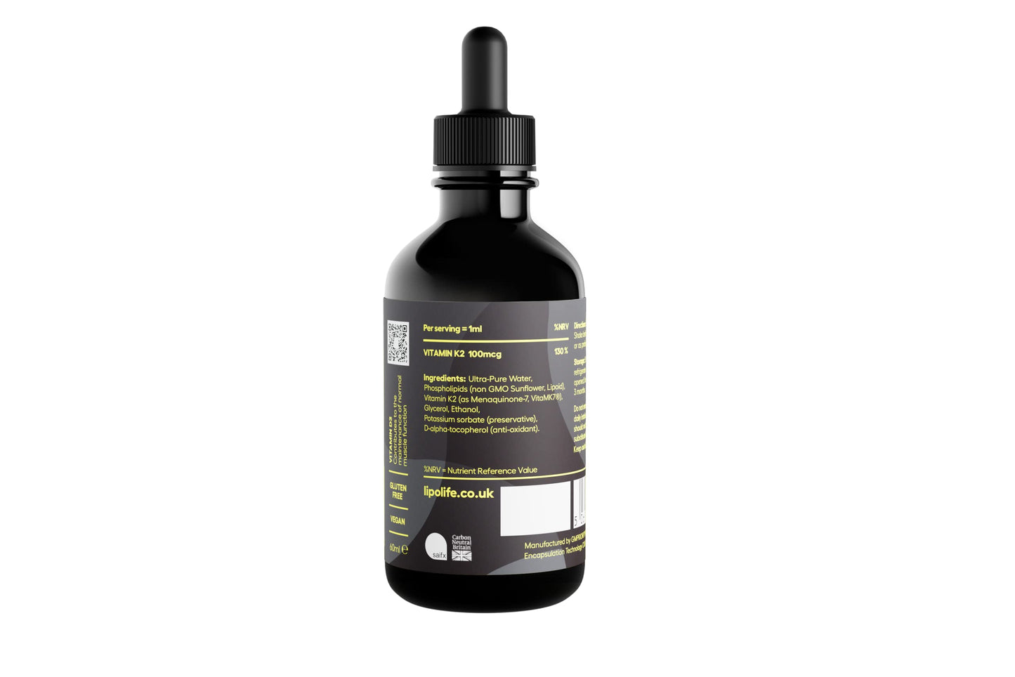 lipolife liposomal Vitamin K2 (MK-7: Menaquinone 7, a form of K2) LVK1 Vegan friendly, Unflavoured and Unsweetened 60 servings (Supports Cardiovascular and Bone Health).
