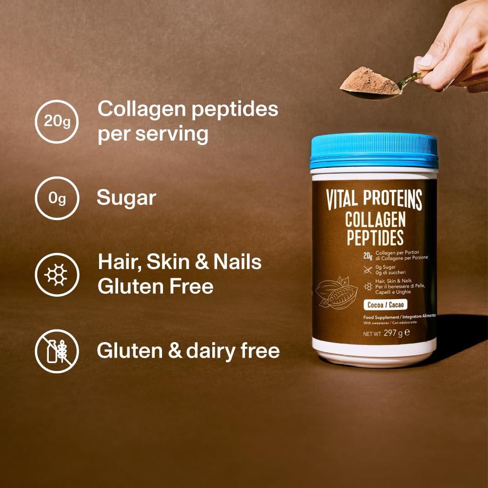 VITAL PROTEINS Vital Proteins Collagen Peptides Powder, Supplement (Type I, III), Cocoa Flavor, Hydrolyzed Collagen, for Skin Hair Nail Joint, Dairy and Gluten Free, 20g per Serving, 297g 1 Pack