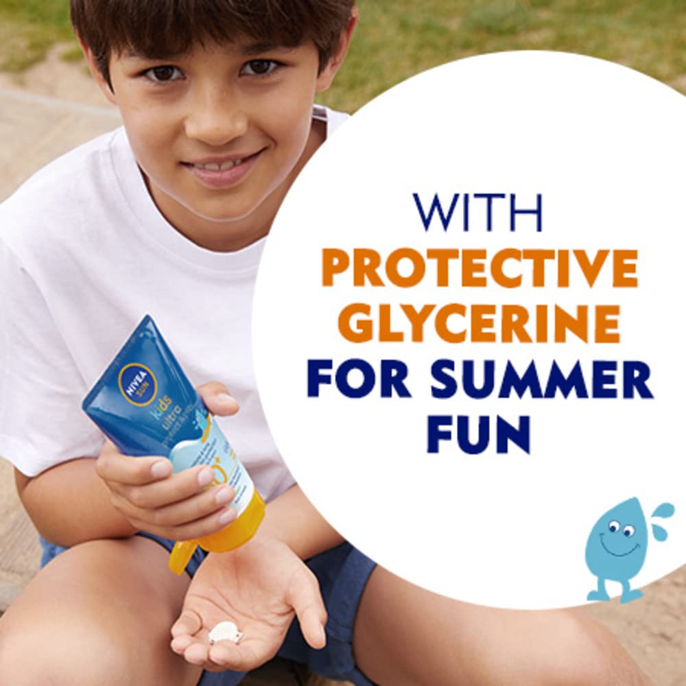 NIVEA SUN Kids Swim & Play // Ultra Protect & Play SPF 50+ Lotion (150ml), Water-Resistant Sunscreen, Effective UVB and 5 Star UVA Protection, Sun Cream Enriched with Dexpanthenol, Designs May Vary