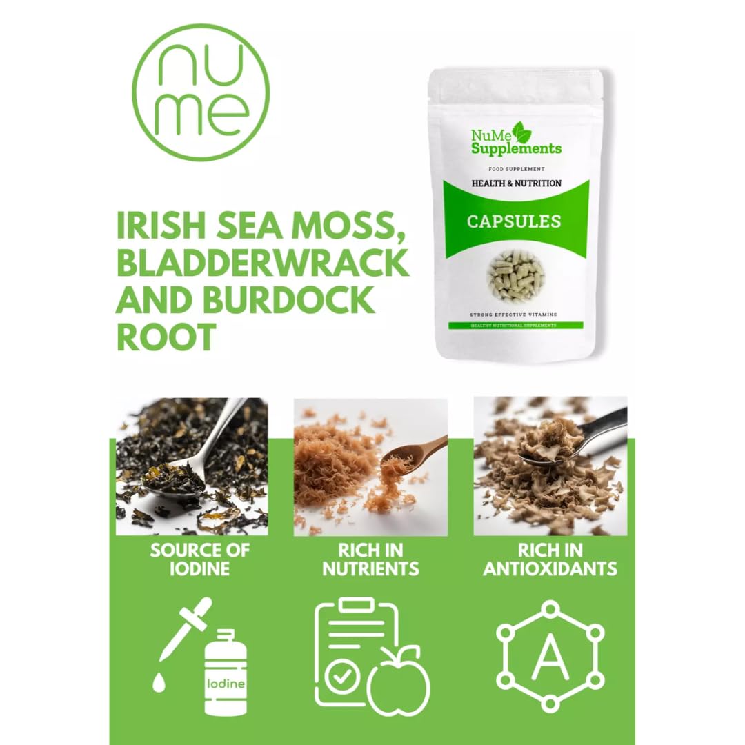NuME Supplements Vegan Irish Sea Moss, Burdock Root and Bladderwrack Capsules - 60 Capsules - 2 Months Supply - UK Made - GMP & HACCP Approved