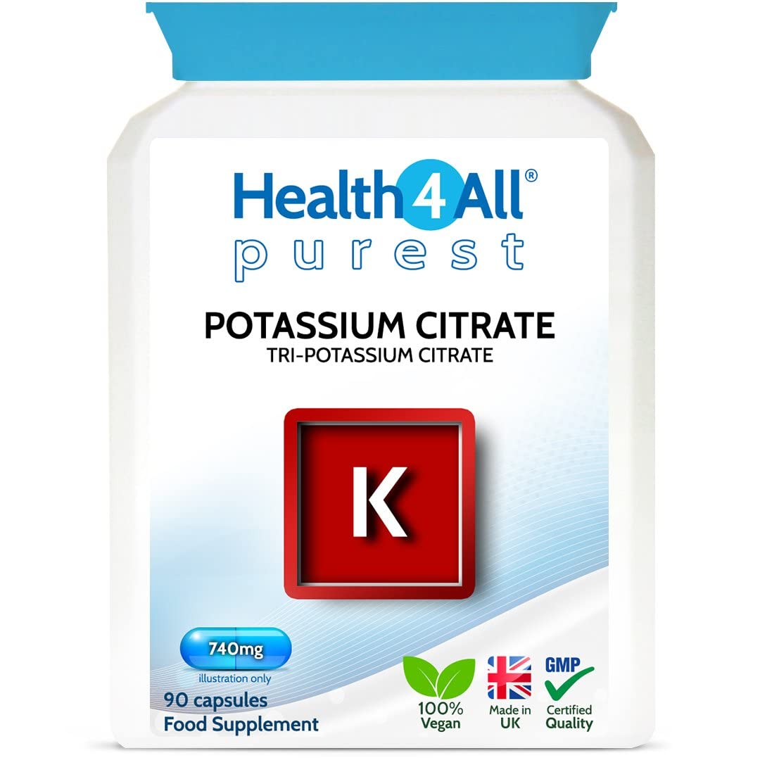 Health4All Potassium Citrate 740mg 90 Capsules (V) High Elemental Potassium. Purest: no additives. Vegan Potassium Supplement