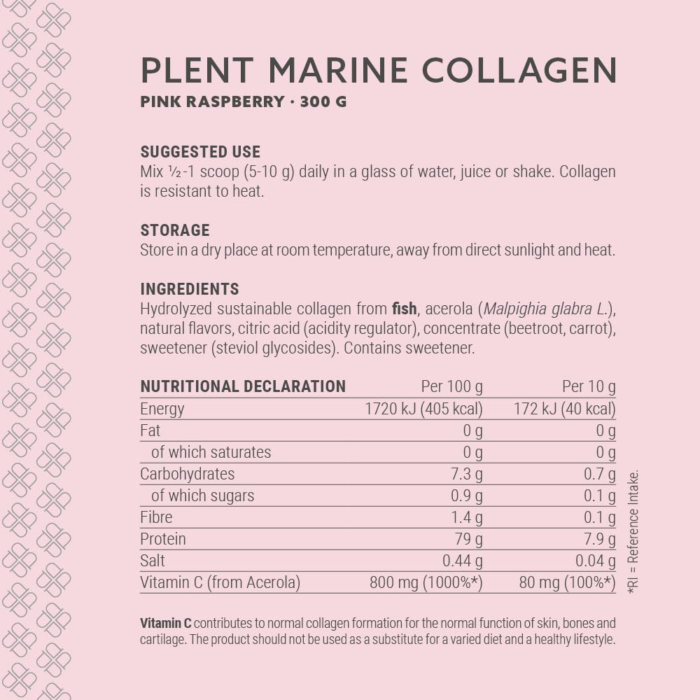 PLENT Pure Marine Collagen Pink Raspberry Hair, skin, nail support supplement Marine collagen peptides 300 g Jar