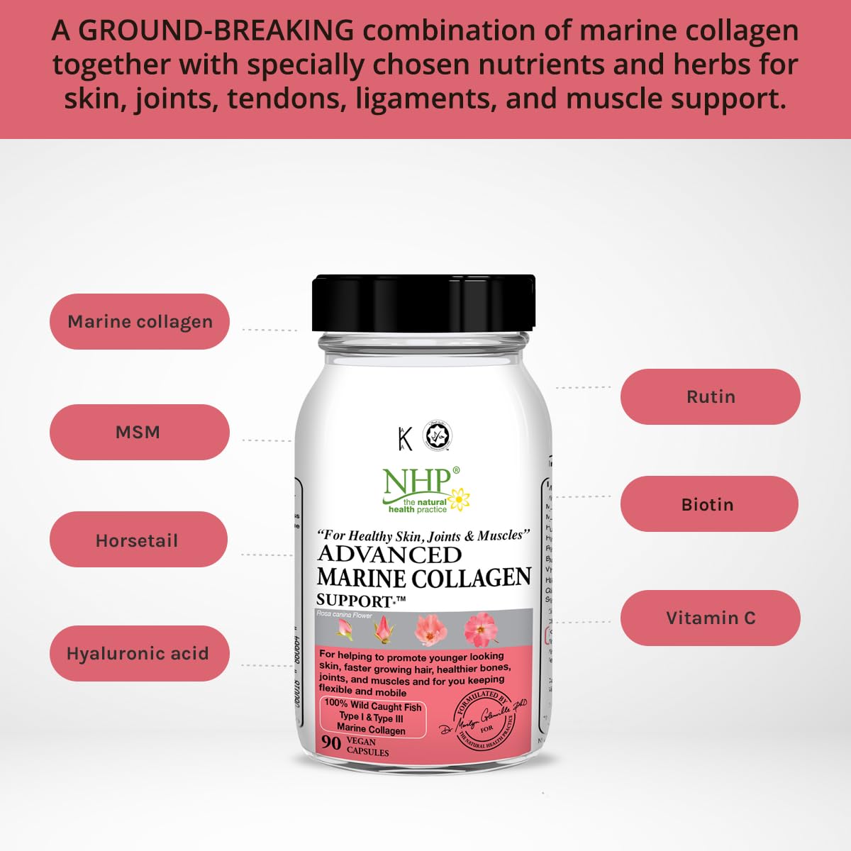 Advanced Marine Collagen Support, specifically Designed to Support Skin, Joints, tendons, ligaments and Muscles