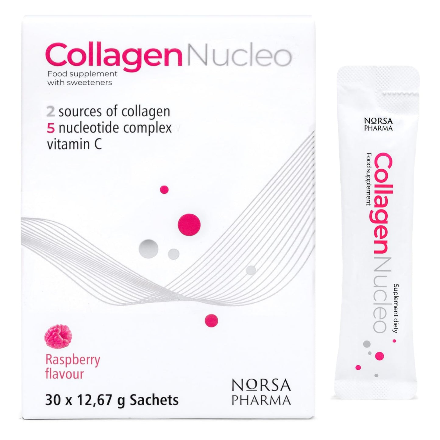 Norsa Pharma Collagen Nucleo (Raspberry / 30 Sachets) | Premium Marine & Bovine Collagen Complex with 5 Nucleotides & Vitamin C | High Bioavailability | Sugar Free | For Skin, Joint & Immunity Support