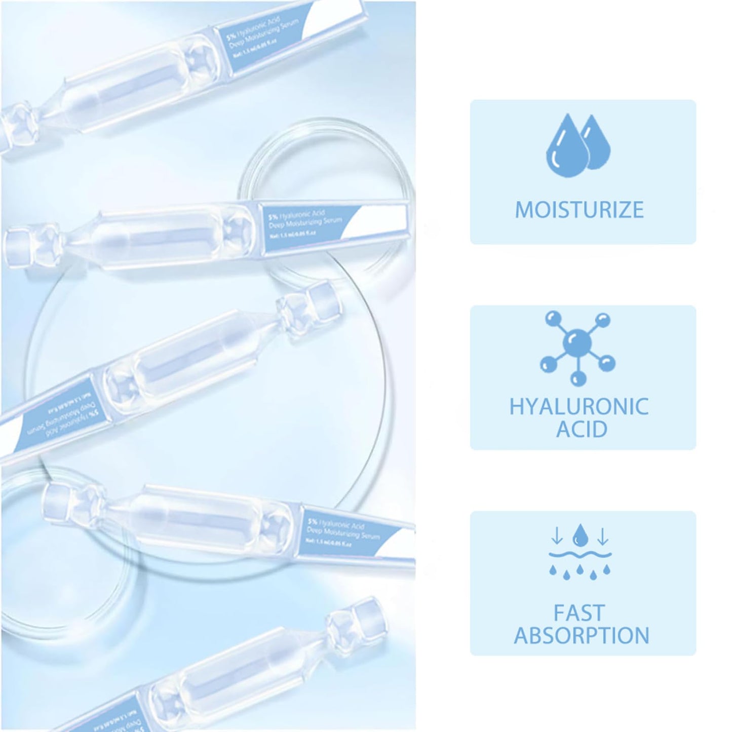 Trendyfave 30Pcs 5% Hyaluronic Acid Serum, Ultra Hydrating Serum, Hyaluronic Acid Seru m for Face, Lightweight Essence for Glass Skin, Pre-Makeup Skincare, Plumping & Anti-Aging, Long-Lasting Hydration