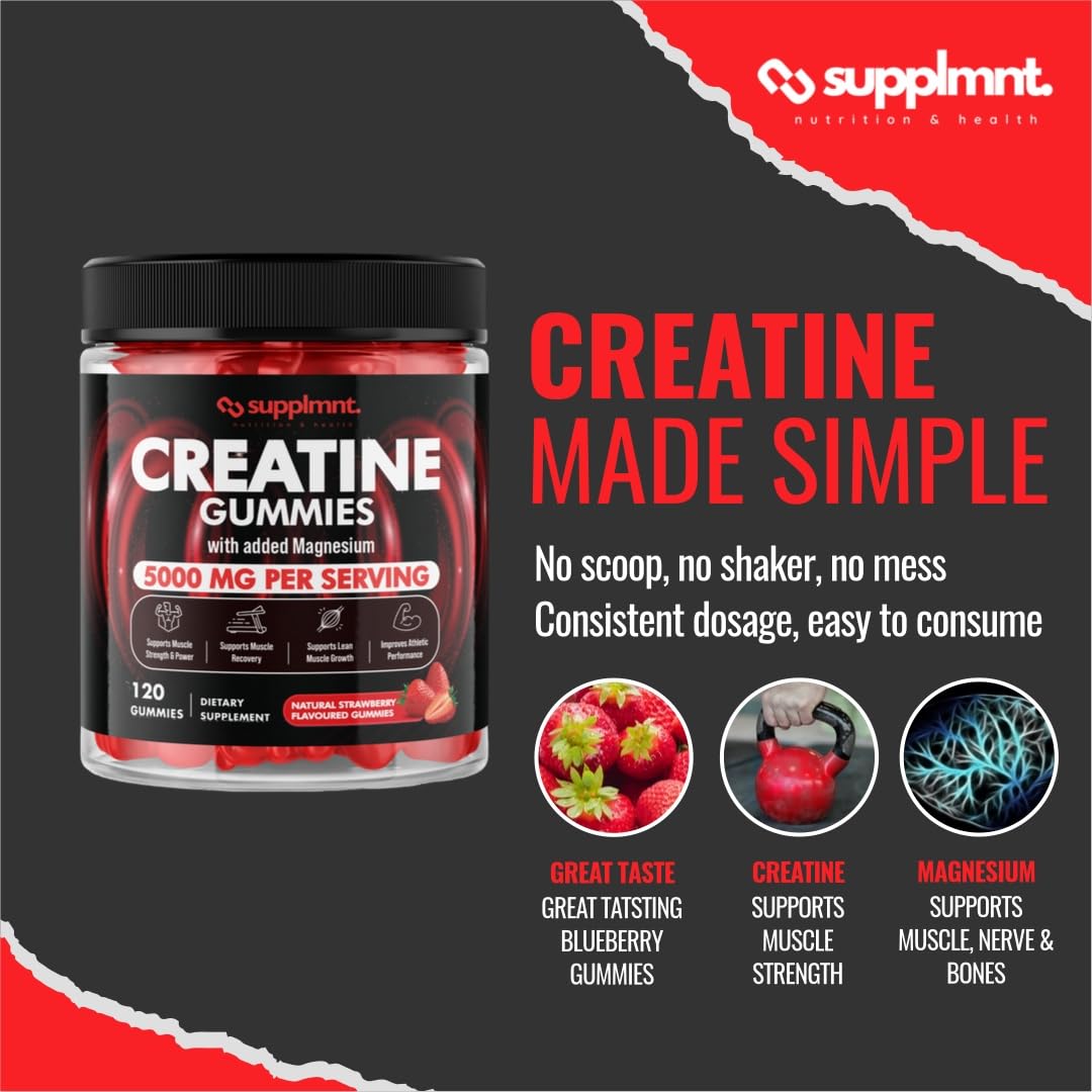 Creatine 120 Gummies Max 5000mg for Men and Women Creatine Monohydrate with Added Magnesium - Chewable Gummies, Strawberry Flavour (1 Month Supply)