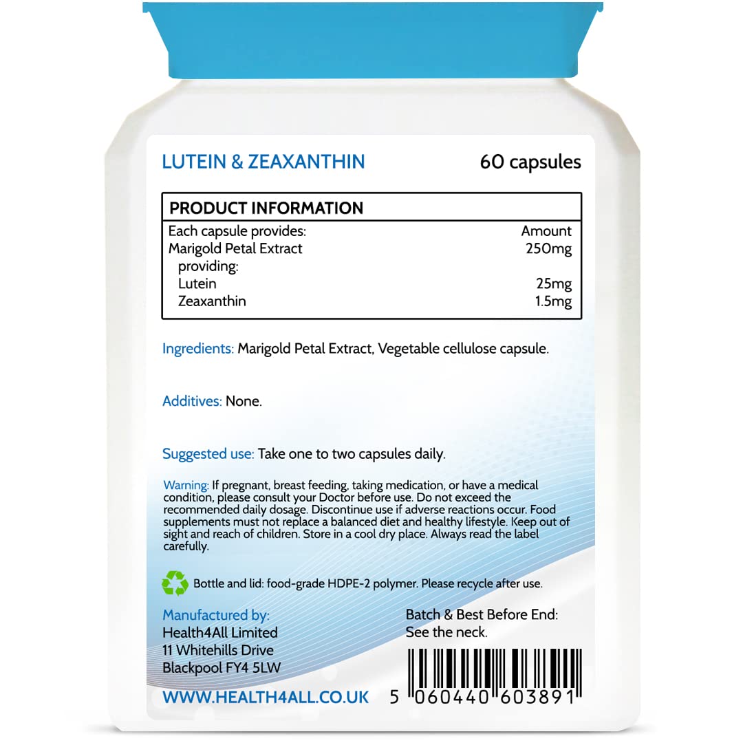 Health4All Lutein and Zeaxanthin Supplement 25mg 60 Capsules - Purest Vegan Eye Supplement for Eye Health, Natural Eye Vitamins for Eye Care and Eye Floaters Relief