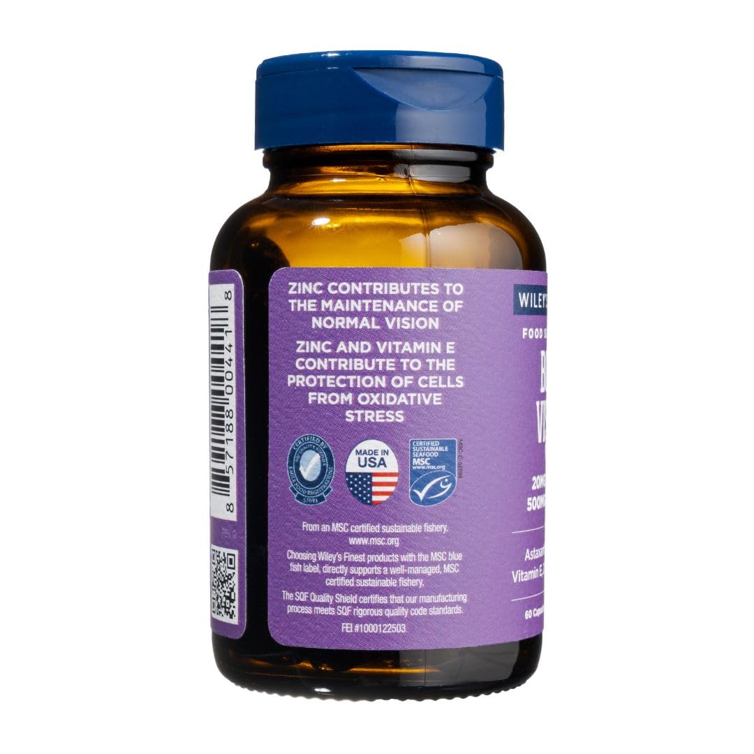 Wiley's Finest Wild Alaskan Fish Oil Bold Vision - Fish Oil Eye Health Supplement with Lutein, Zeaxanthin, Bilberry, Omega-7, Vitamin E, and Zinc - 60 Softgels (30 Servings)