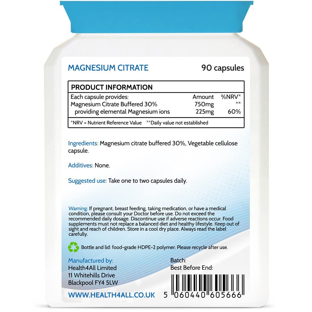 Health4All Magnesium Citrate 750mg 90 Capsules (V) (225mg Elemental Magnesium) Purest: no additives. Vegan.