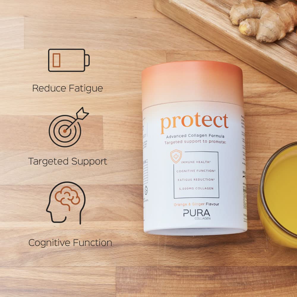 Pura Collagen Powdered Supplement (Protect) 5,000mg Bioactive Collagen PeptidesĀ® with Added Vitamin B12, Vitamin D3 and Natural Ginger Root Extract