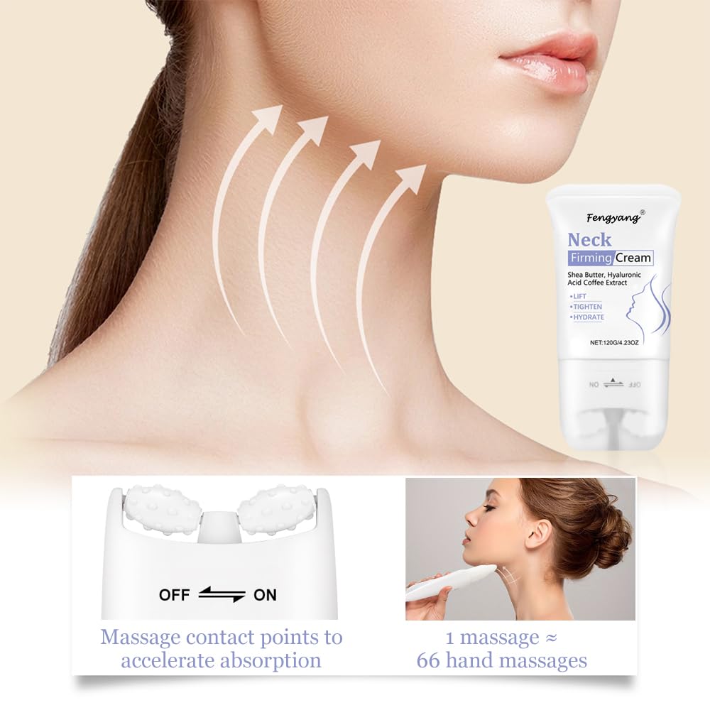 Fengyang® Neck Firming Cream,Neck Collagen Cream with Massage Roller – Tightens, Lifts & Smooths Wrinkles for Loose Skin – Anti-Aging Neck Cream for Women