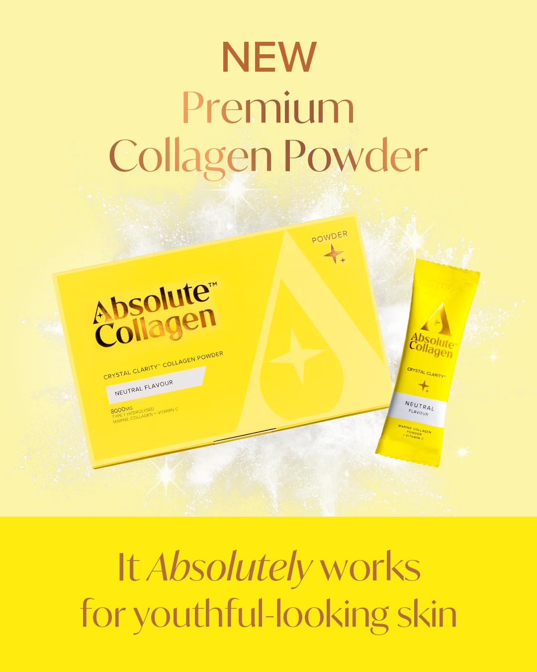 Absolute Collagen Marine Powder Collagen Supplement for Women | Neutral Flavour, Supports Hair, Nail & Skin Health, 8000mg of Hydrolysed Collagen per Sachet, Vitamin C | 14 Sachets