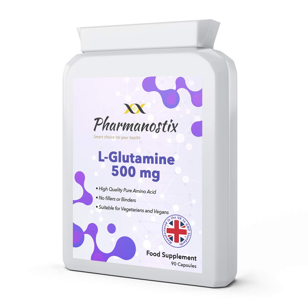 L-Glutamine 500mg High Strength 90 Capsules - Pure Amino Acid with no fillers or Binders - Suitable for Vegans – Exclusively Manufactured in The UK by Pharmanostix