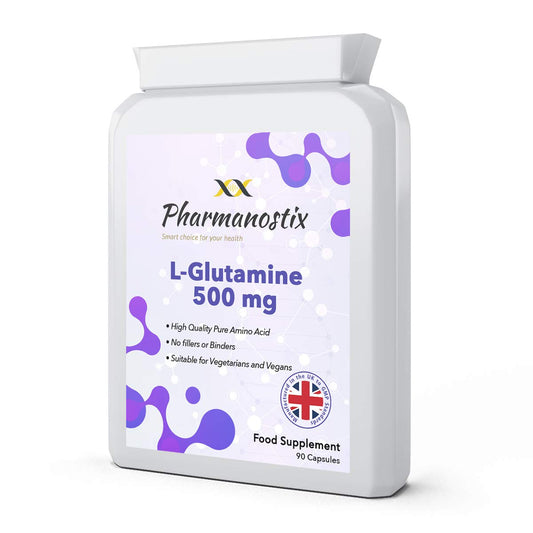 L-Glutamine 500mg High Strength 90 Capsules - Pure Amino Acid with no fillers or Binders - Suitable for Vegans – Exclusively Manufactured in The UK by Pharmanostix