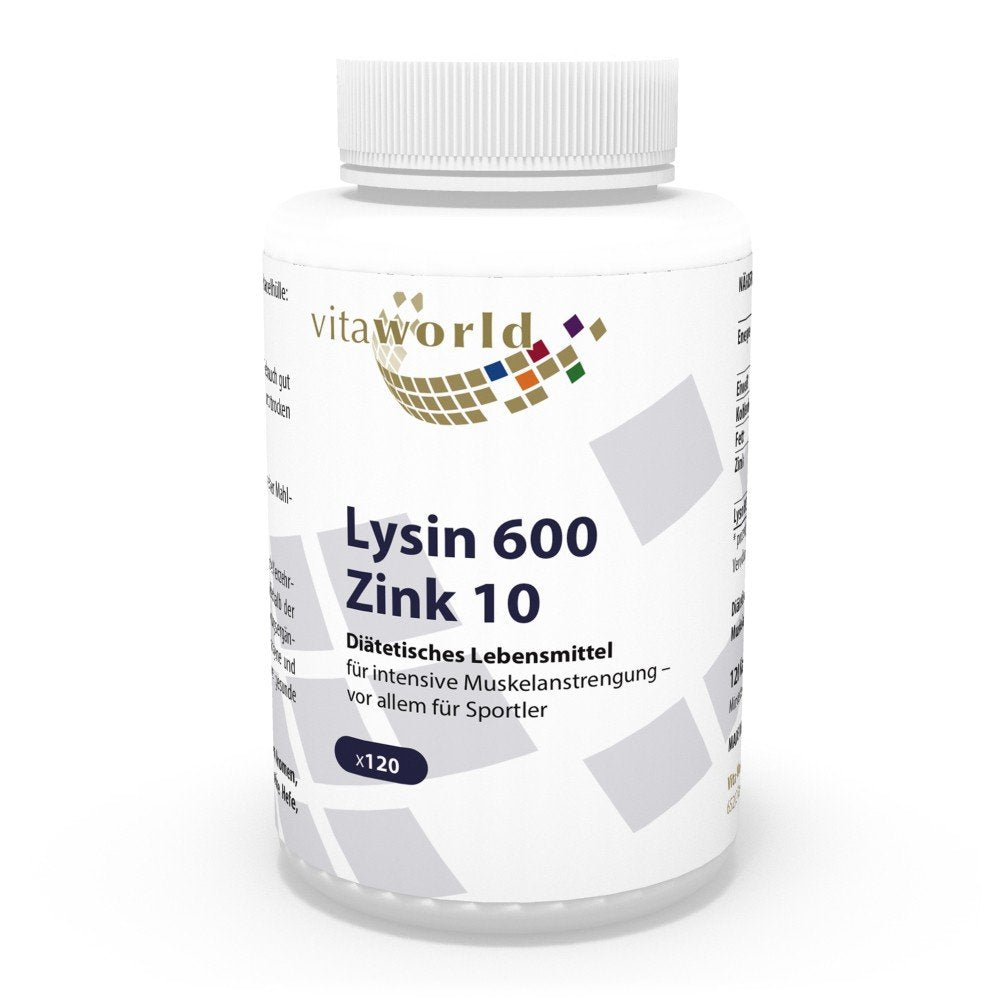 Vita World L-Lysine 600mg + Zinc 120 Vegetarian Capsules Made in Germany