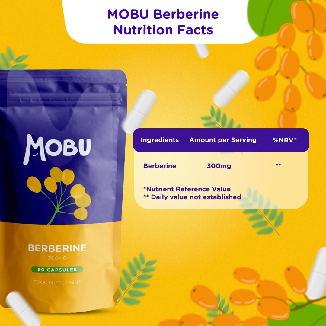 MOBU - Berberine 300mg Capsules | Support Cholesterol, Gut Health Booster | Formulated in The UK, Vegan, Weight Management Aid for Men & Women | PCOS Relief, Gluten Free - 60 Capsules